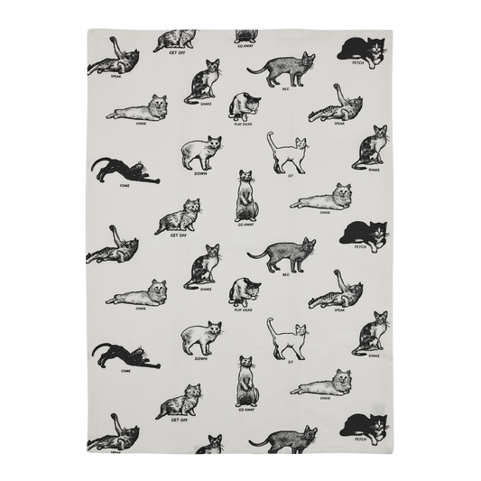 Cat Tricks Tea Towel with playful cat inspired illustration, ideal for enhancing colorful table settings and casual entertaining