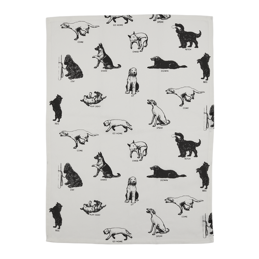 Dog Tricks Tea Towel with playful dog inspired illustration, works well alongside everyday dishes mugs and tabletop essentials
