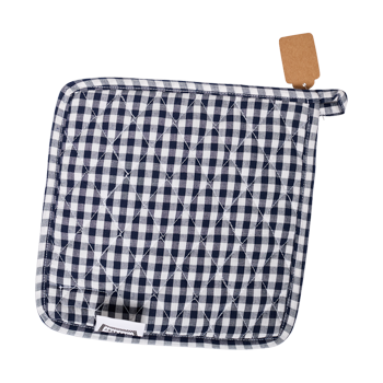 Reverse view of the navy gingham pot holder with hanging loop and Fishs Eddy label, perfect for cooking, baking, and mixing with diner style linens