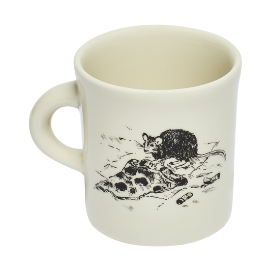 Close-up of NYC Toile - Pizza Rat Mug 8.75oz, ceramic mug with New York toile design