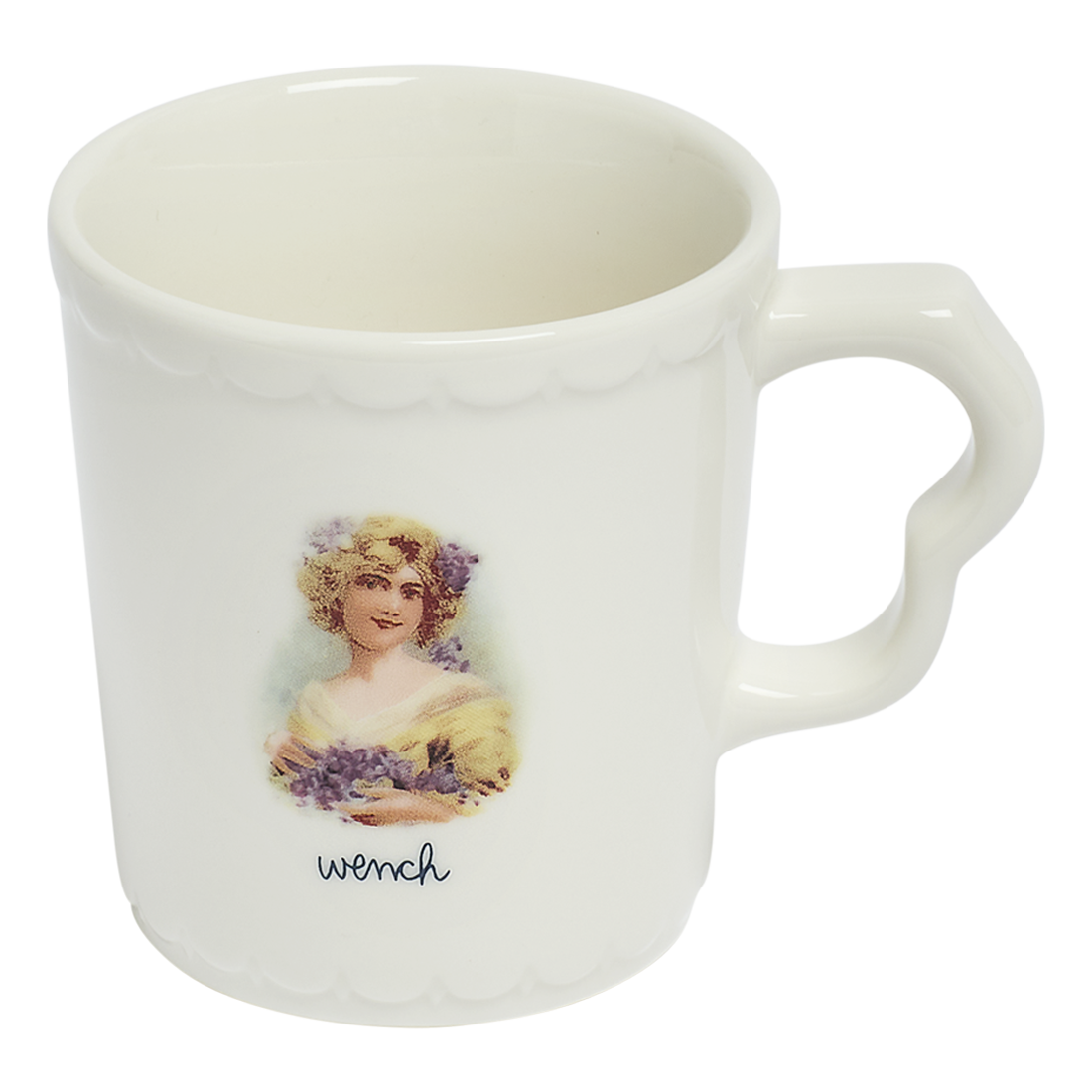 Side view of All in the Family - Wench Mug (10oz) by Fishs Eddy, ceramic mug perfect for coffee, tea, and everyday use