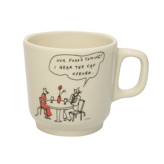 Close-up of Liana Finck - Can Opener Mug (10oz), ceramic mug with illustrated design by Liana Finck