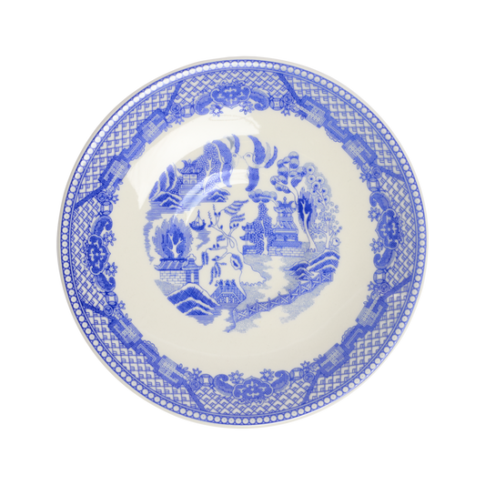 Blue and white patterned plate on a white background