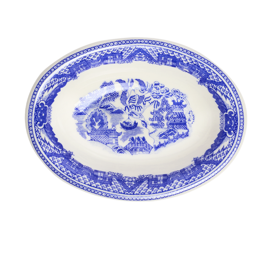 Blue Willow Deep Oval Platter with classic blue willow pattern, crafted for versatile everyday use