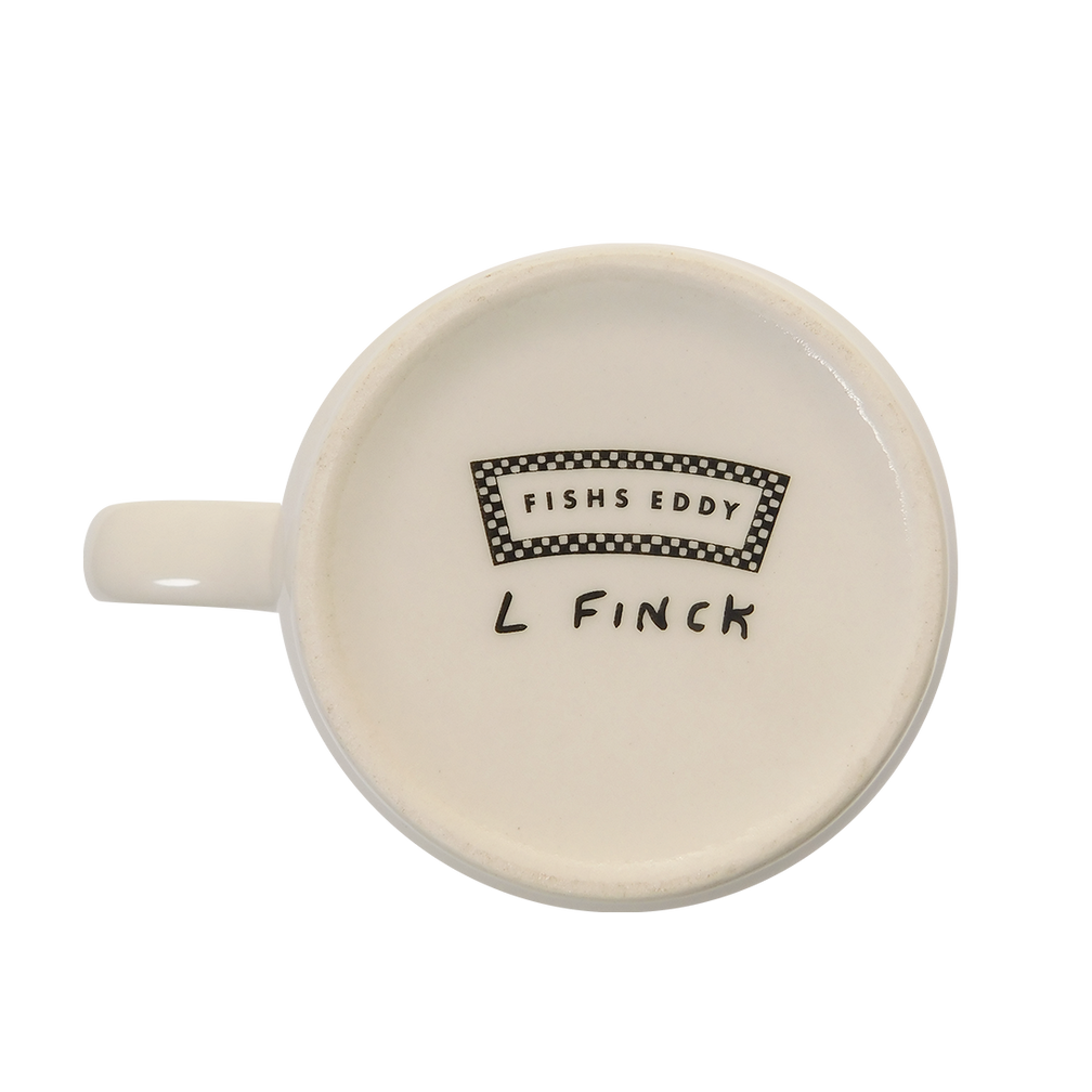 Back view of Liana Finck - Can Opener Mug (10oz), ceramic mug with Fishs Eddy design details