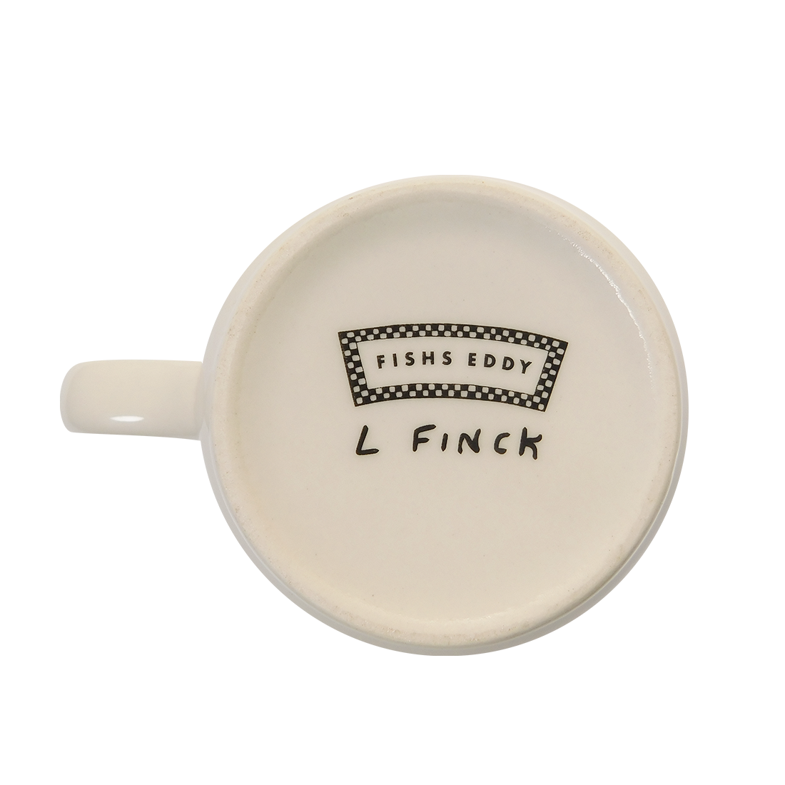 Back view of Liana Finck - Can Opener Mug (10oz), ceramic mug with Fishs Eddy design details