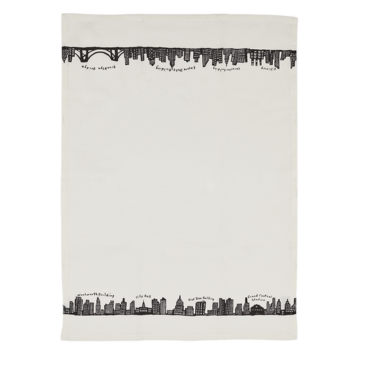 Skyline Tea Towel with New York inspired artwork, designed to complement ceramic plates bowls and serving pieces