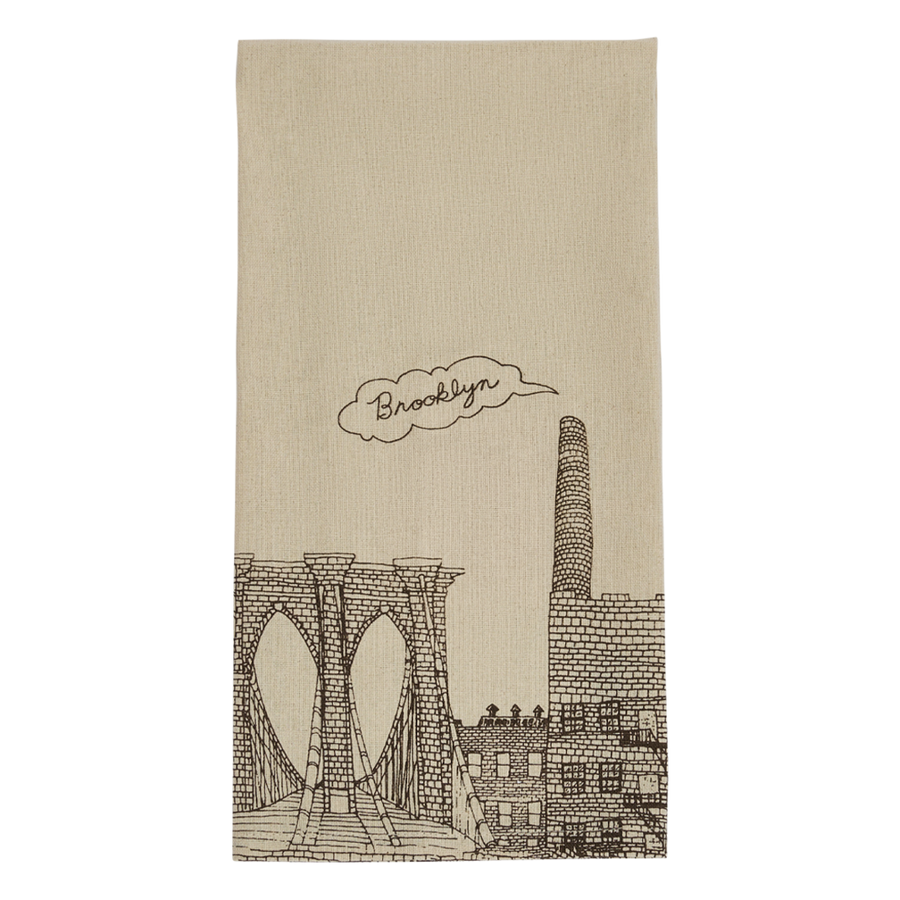Brooklyn tea towel with brown line artwork of the Brooklyn Bridge and city buildings on natural cotton, perfect for kitchen styling and borough themed gifts