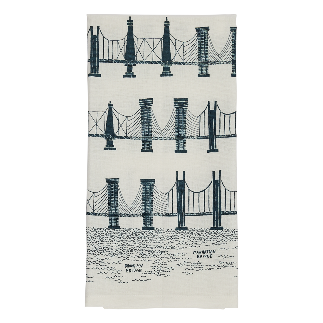 Folded Bridges tea towel with navy line drawings of the Brooklyn Bridge and Manhattan Bridge over illustrated water