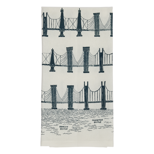 Folded Bridges tea towel with navy line drawings of the Brooklyn Bridge and Manhattan Bridge over illustrated water