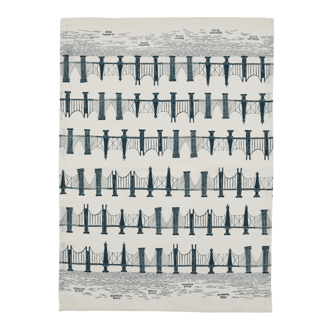 Full view of the Bridges tea towel with repeating navy bridge illustrations and labeled NYC bridges on white cotton