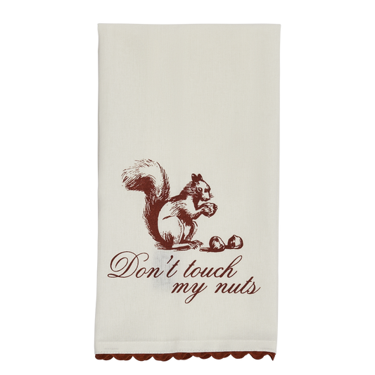 Don’t Touch My Nuts tea towel with red squirrel artwork and scalloped trim, a funny kitchen towel for gifting, drying dishes, and snack styling