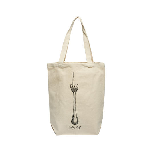 Beige tote bag with a black and white illustration of a fork on a white background