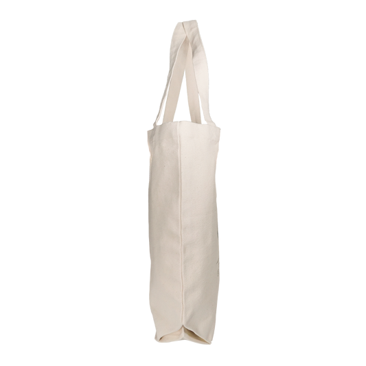 A medium-sized tote bag with 'Fuck Off' text and a graphic of a bird in green on a natural white background.