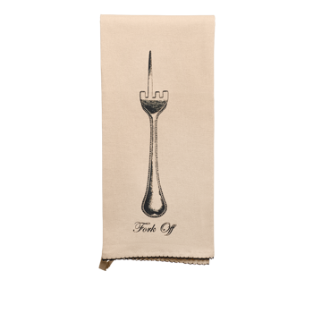 Pleasantries Fork Off Tea Towel with humorous graphic styling, pairs beautifully with modern tabletop collections and serveware