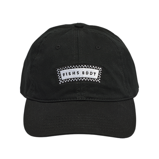 Black cap with a white logo on a white background
