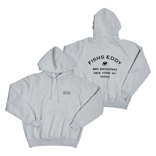 Gray hoodie with 'Fishes Eddy' logo on a white background