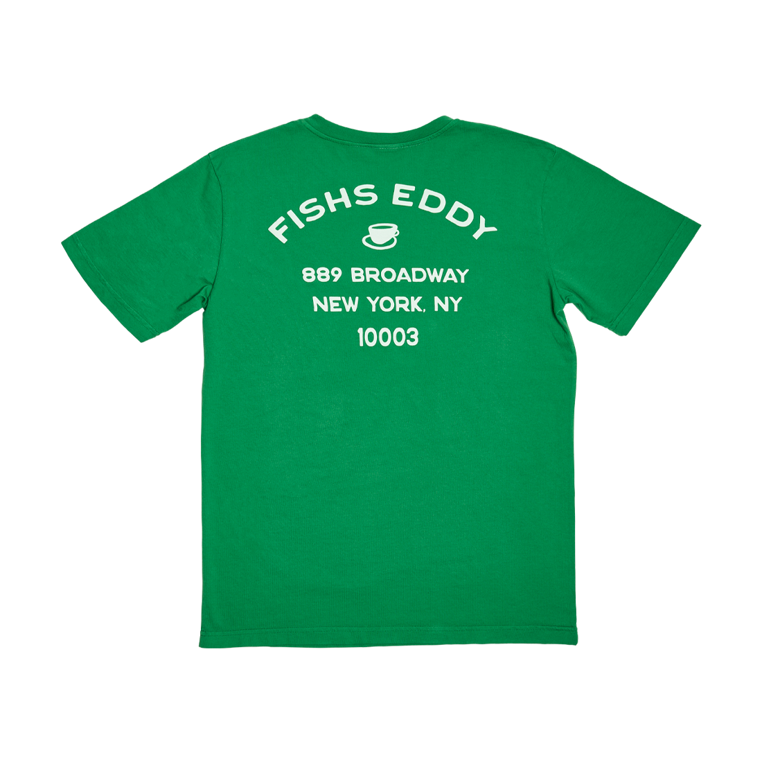 Green t-shirt with white text on a white background