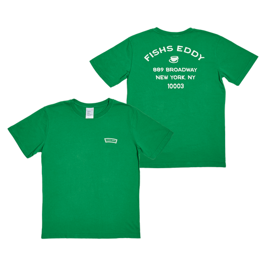 Green t-shirt with 'Fishes Eddy' branding on a white background