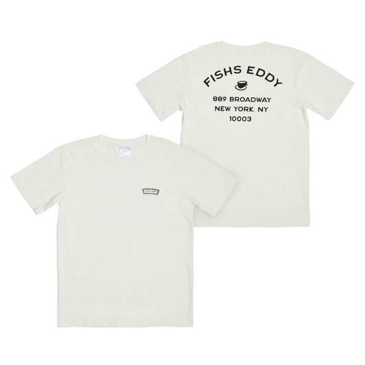 White t-shirt with black text and logo on a white background