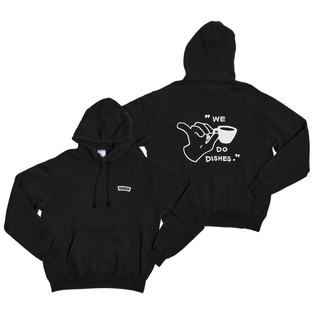 Black hoodie with graphic design on front and back on a white background