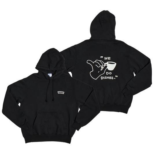 Black hoodie with graphic design on front and back on a white background