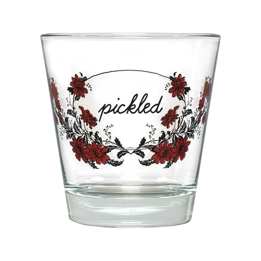 Clear glass with floral design and 'pickled' text on a white background