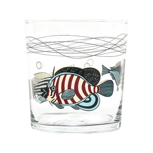 Glass tumbler with a colorful fish design on a white background