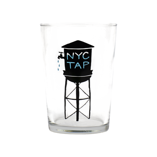 Clear glass with a black water tower design and 'NYC Tap' text on a white background