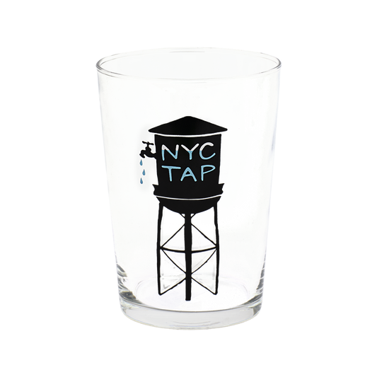 Clear glass with a black water tower illustration and 'NYC Tap' text on a white background