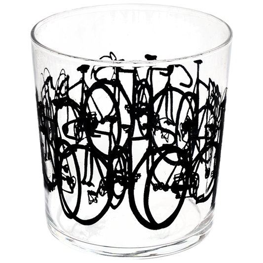 Clear glass tumbler with black bicycle design on a white background