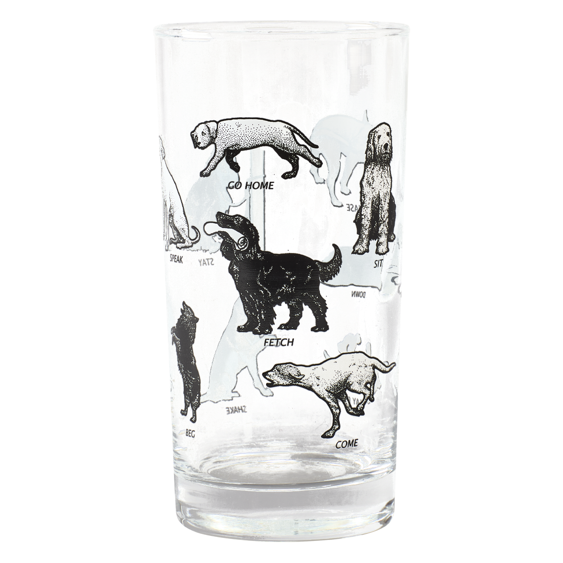Clear highball glass with vintage inspired dog illustrations and playful training commands, crafted from durable glass and designed to pair effortlessly with Fishs Eddy diner mugs plates and casual tabletop collections