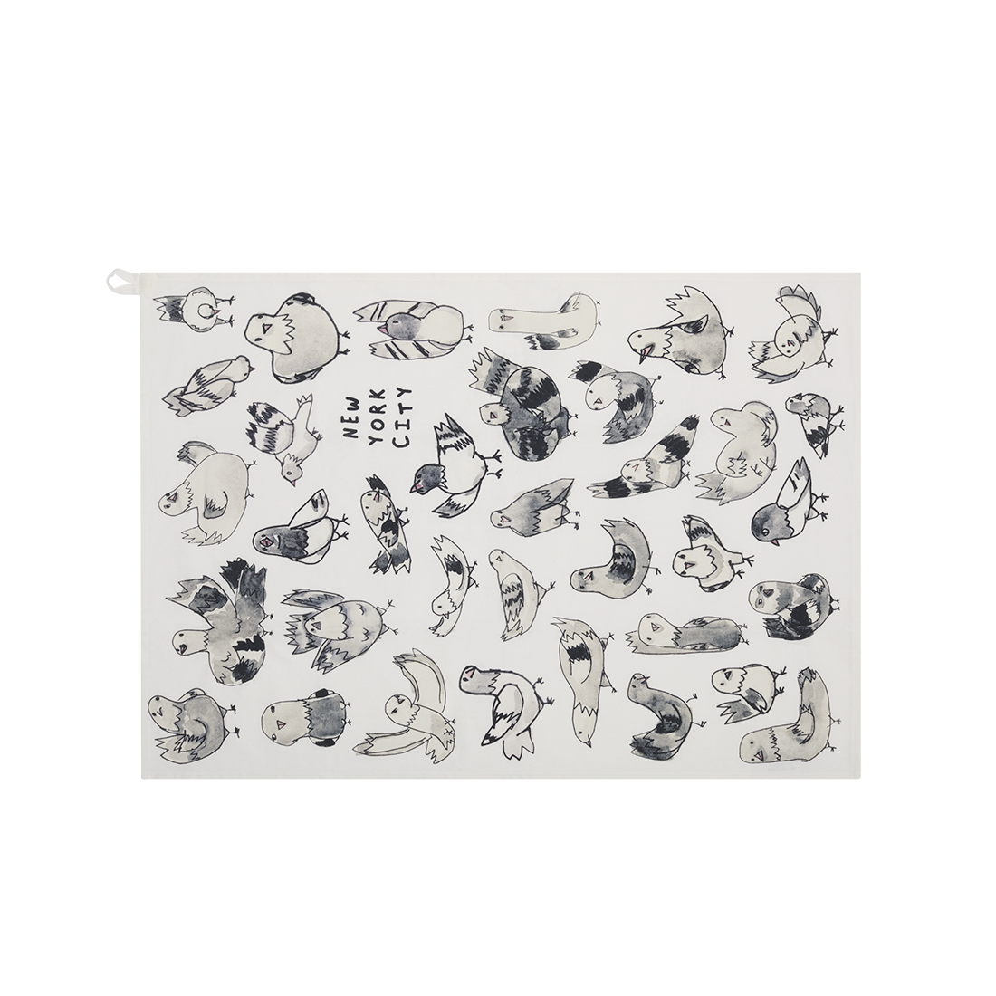 Full view of the NYC Pigeons tea towel with scattered pigeon illustrations and “New York City” text