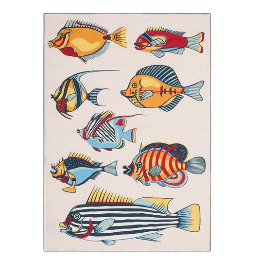 Museum Fish Tea Towel with decorative kitchen inspired artwork, designed to complement ceramic plates bowls and serving pieces