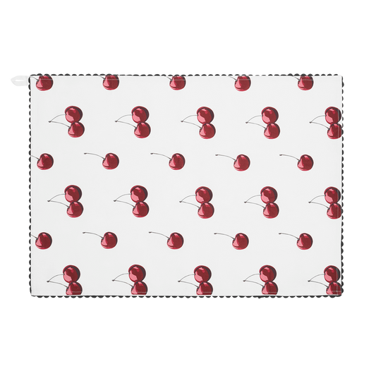 Cherry Bomb Tea Towel with decorative kitchen inspired artwork, works well alongside everyday dishes mugs and tabletop essentials