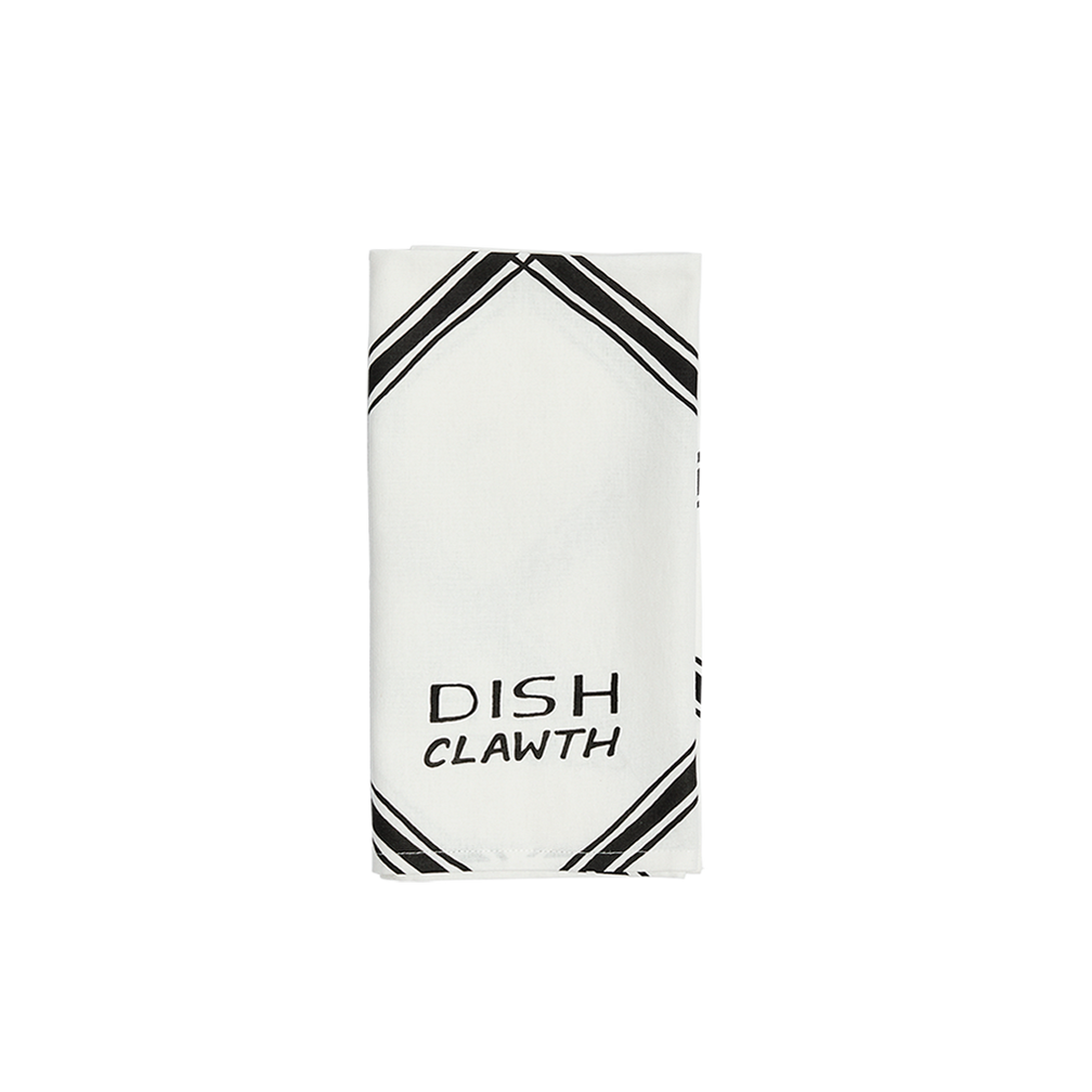 White dishcloth with black text and design on a white background