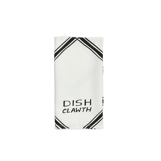 White dishcloth with black text and design on a white background