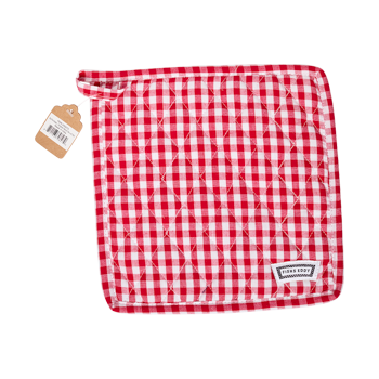 Red gingham pot holder with quilted texture and hanging loop, a classic diner style kitchen essential for cooking, baking, and gifting