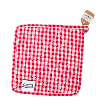 Reverse view of the red gingham pot holder with Fishs Eddy label and checkered pattern, perfect for adding cheerful diner style to the kitchen