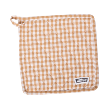Tan gingham pot holder with quilted stitching and soft neutral check pattern, ideal for everyday cooking and pairing with classic tableware