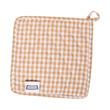 Back view of the tan gingham pot holder with hanging loop and Fishs Eddy label, a warm neutral kitchen accent for easy gifting