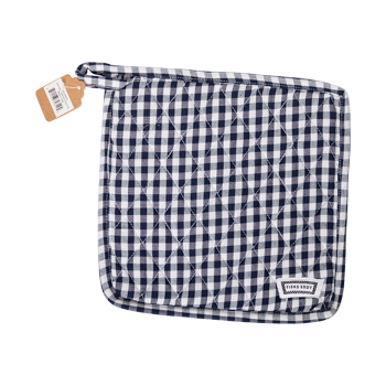Navy gingham pot holder with quilted texture and classic check pattern, a practical kitchen staple with vintage diner style charm