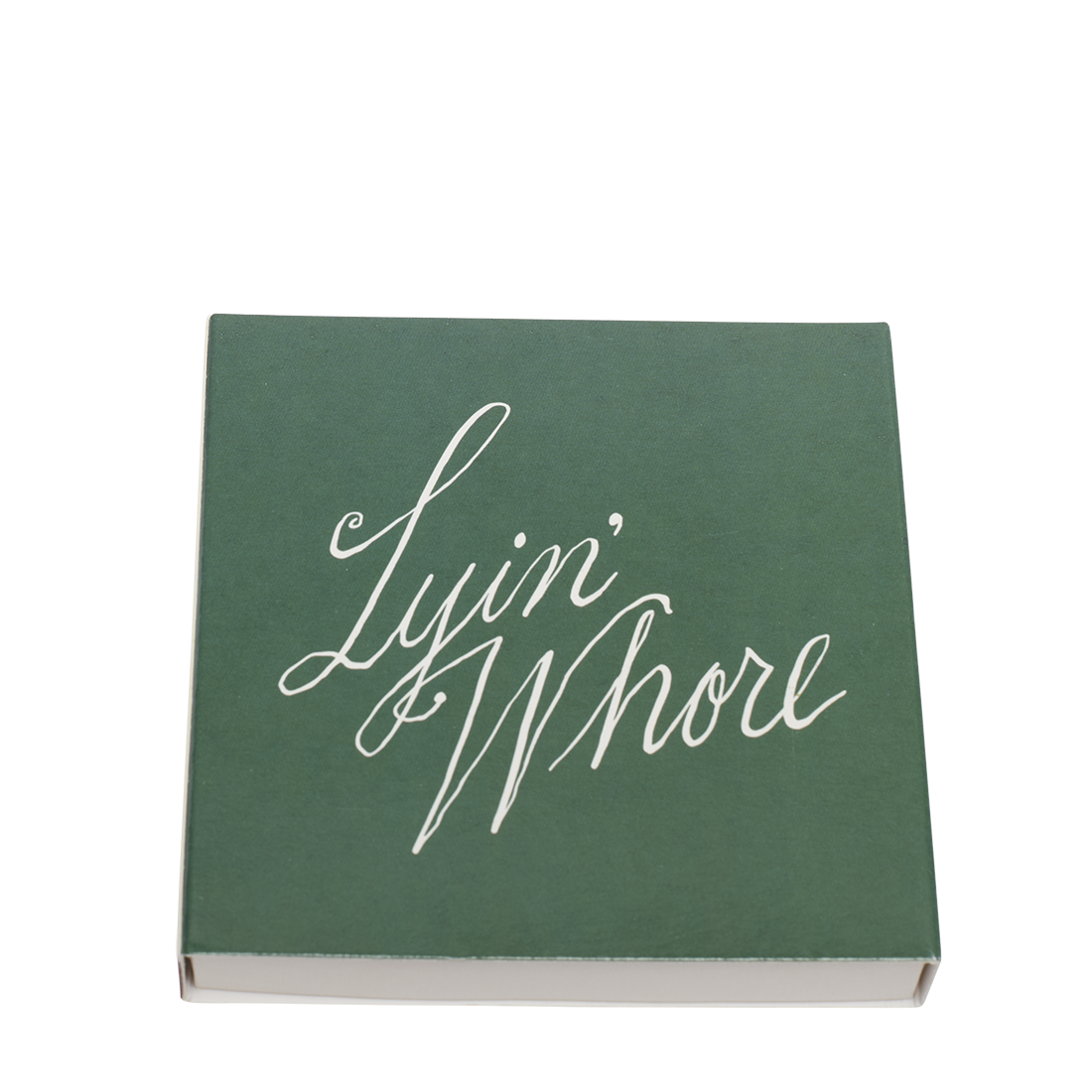 Green book with 'Lyin' Whore' text on a white background