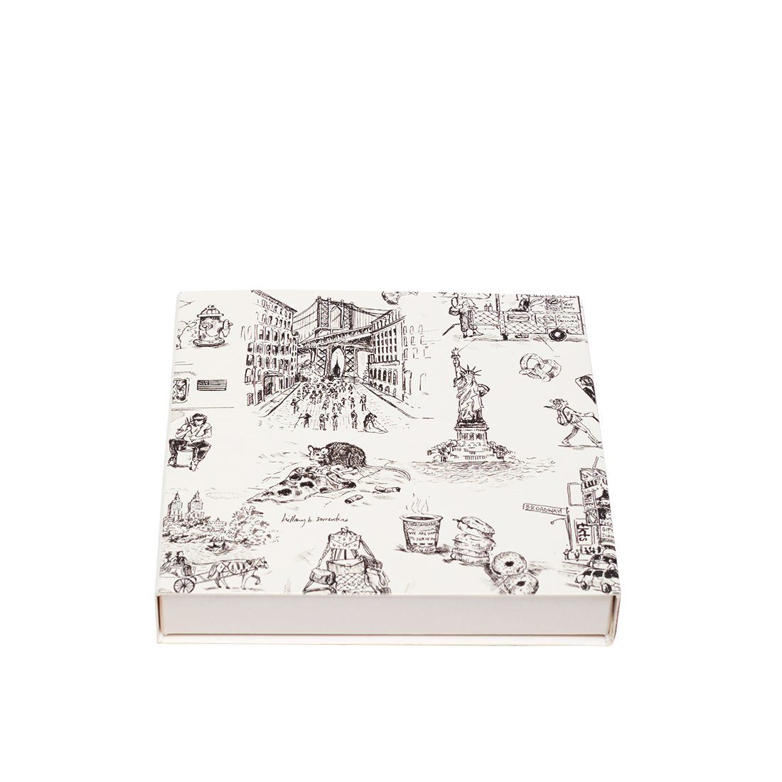 Notebook with black and white cityscape illustration on a white background