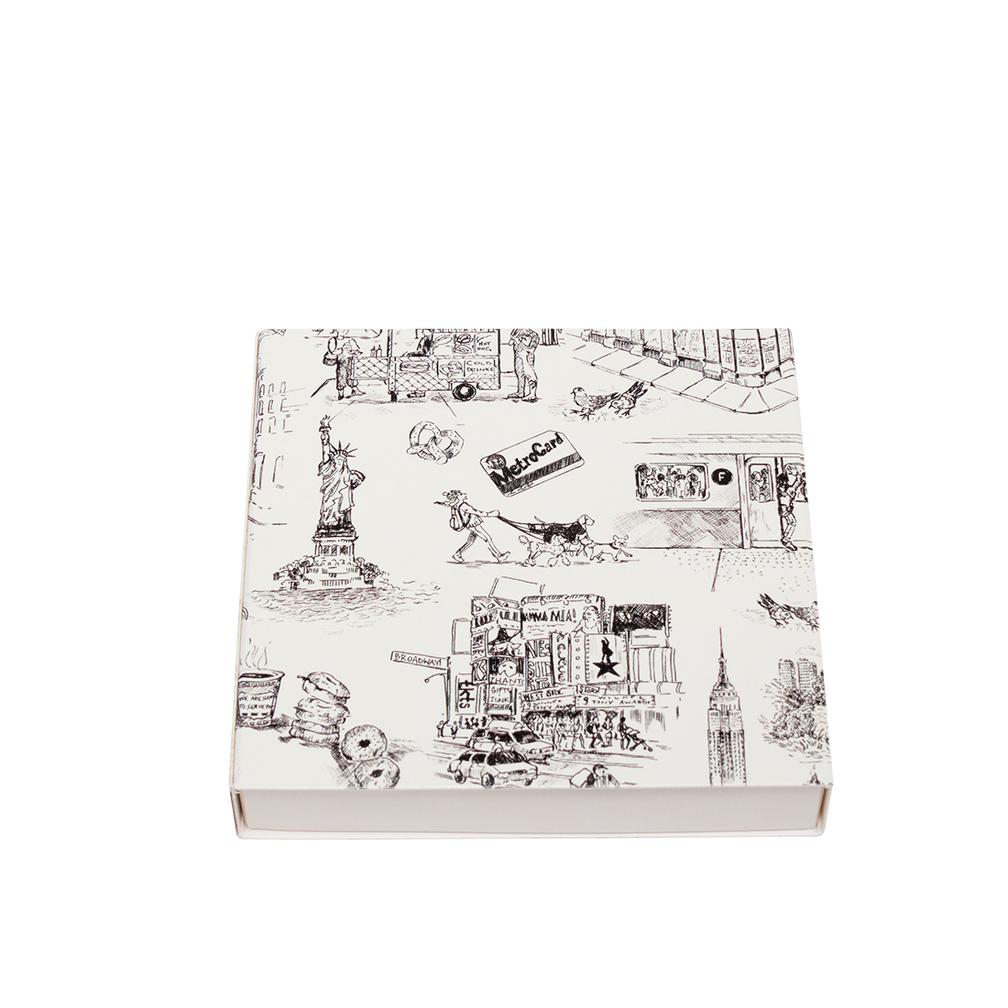 White box with black illustrations on a white background