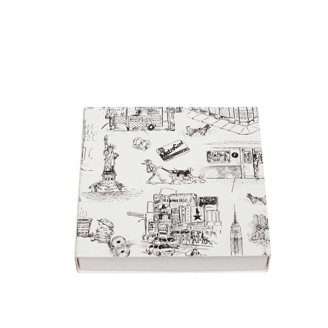 White box with black illustrations on a white background