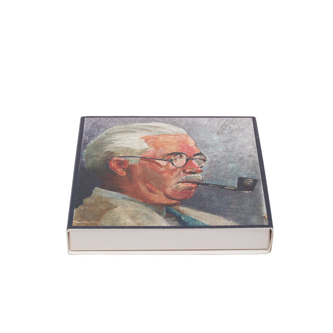 Rectangular box with a portrait of a man with glasses and a pipe on a white background