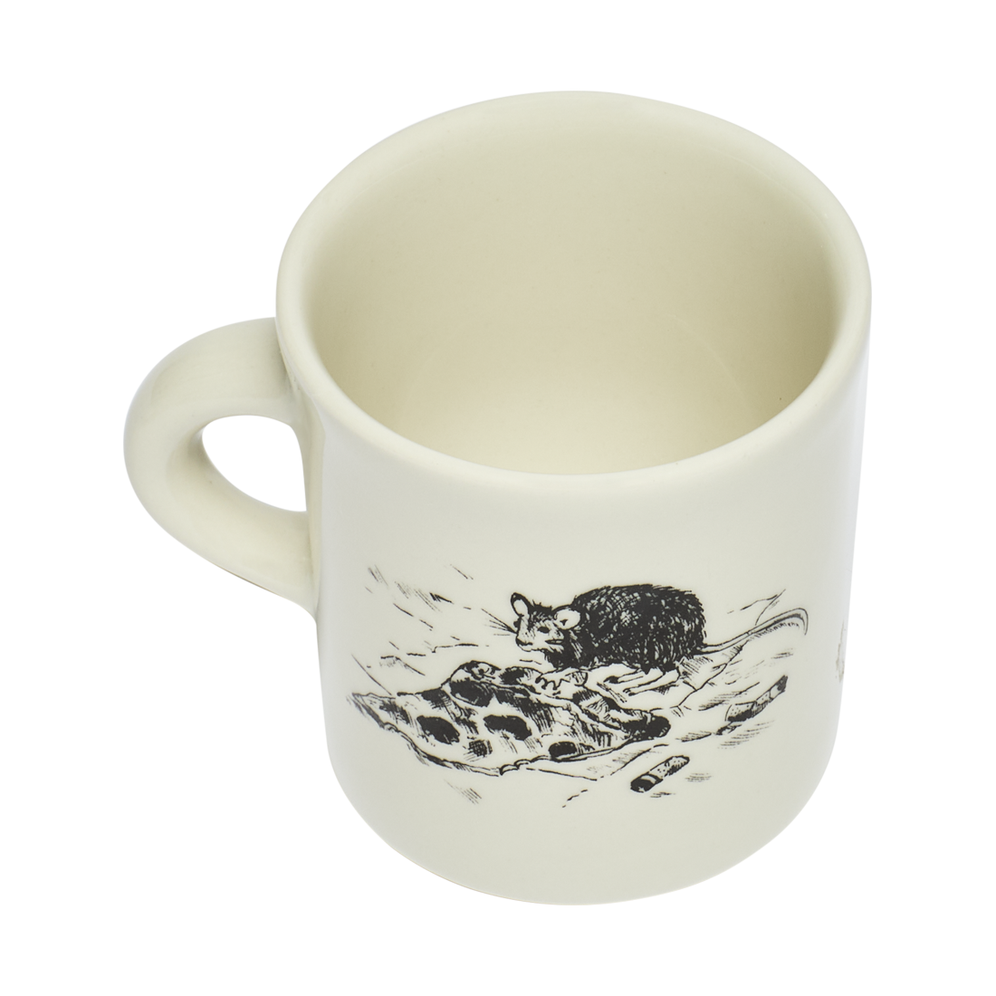 Side view of NYC Toile - Pizza Rat Mug 8.75oz by Fishs Eddy, ceramic mug perfect for coffee, tea, and everyday use
