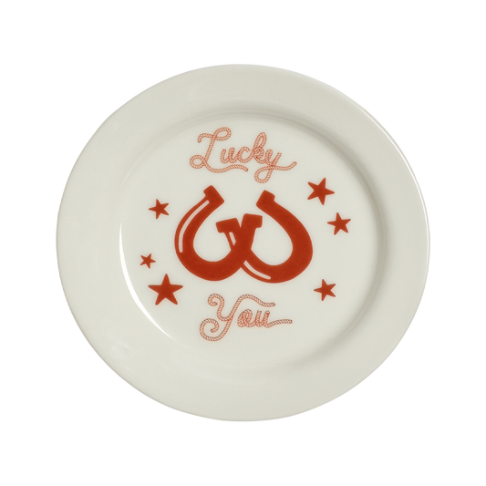 Lucky You Plate 4.25in, ceramic, by Fishs Eddy, for everyday meals and table settings, front product image