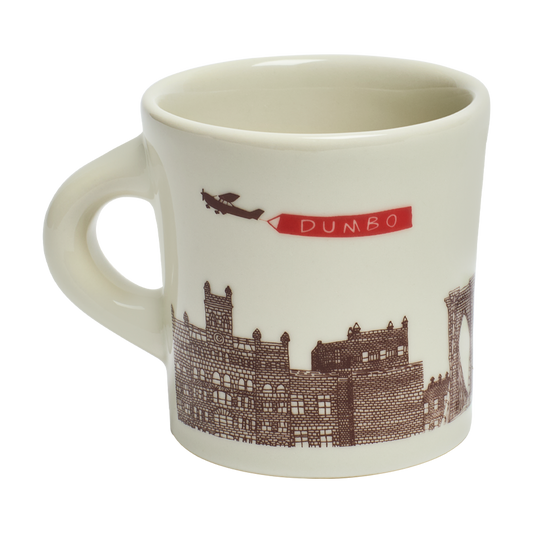 Close-up of Brooklyn - Dumbo Mug 13oz, ceramic mug with Brooklyn design